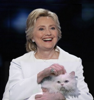 Hillary petting a white cat