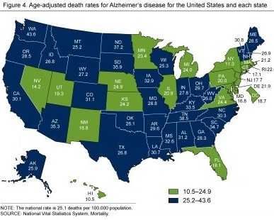 CDC map of death rates from Alzheimer's disease by state