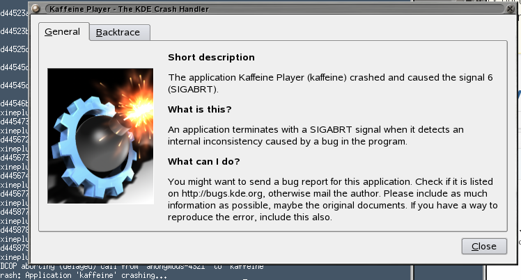 Kaffeine crash screen Kaffeine crash screen