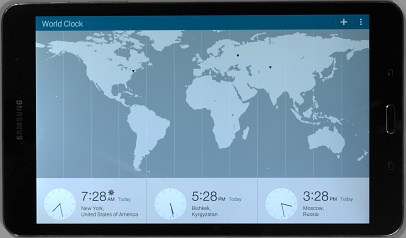 Samsung Galaxy Tab Pro 8.4 showing World Clock