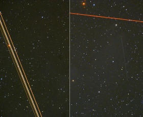 Airplane and satellite trails Airplane and satellite trails