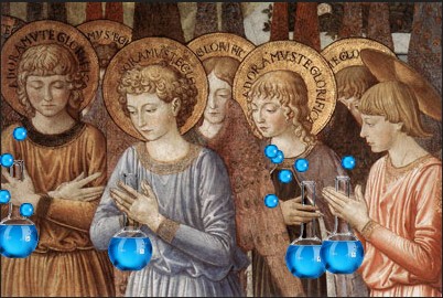 Virtuous saints with blue bubbles